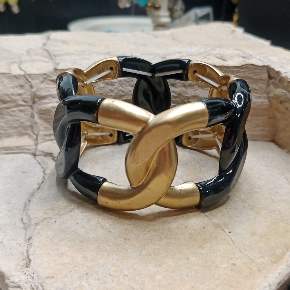 Vintage black and gold tone chunky chain stretch bracelet metal